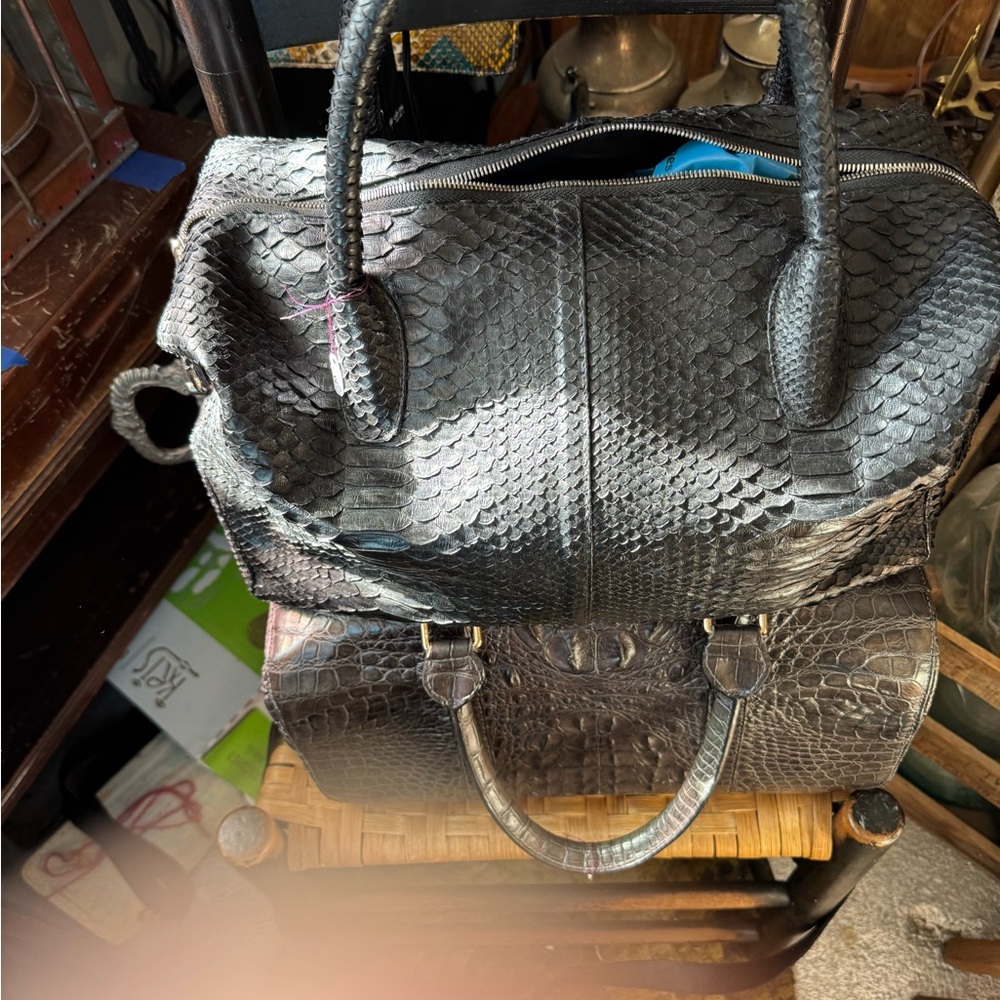 COPY - Black Genuine Python Leather Tote Travel B… - image 1